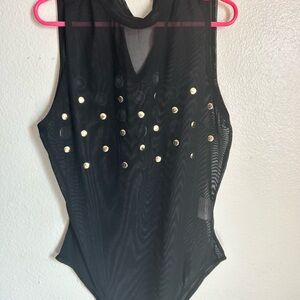 Chic Black Sheer Bodysuit with Gold Details